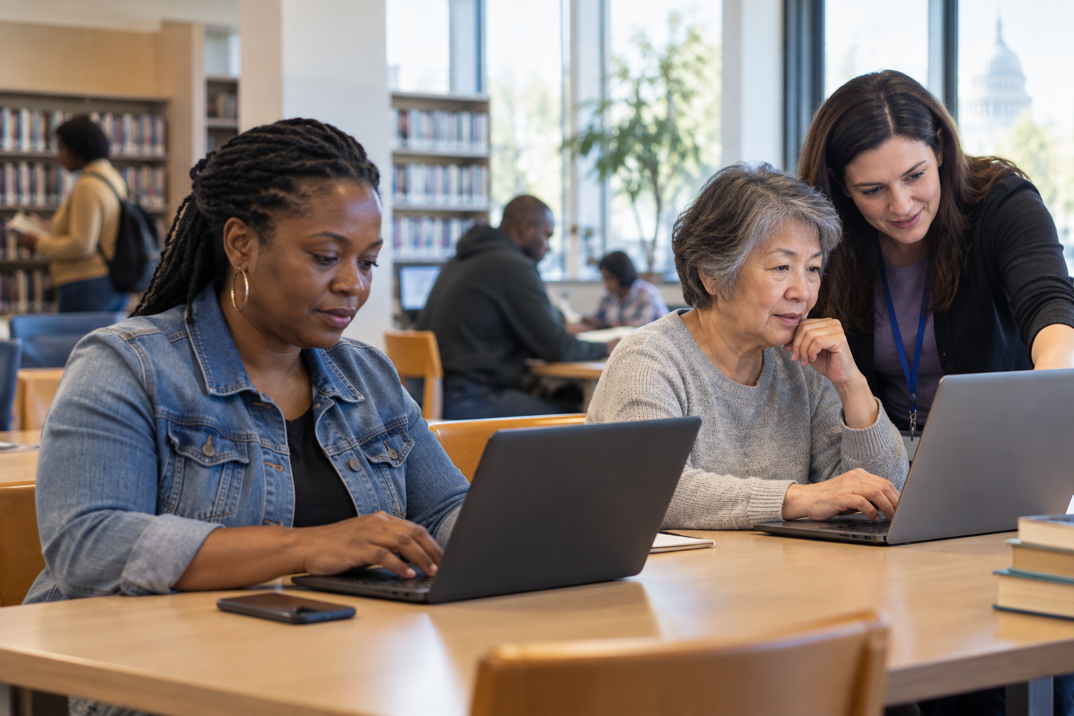 Residents use digital devices with librarian assistance in a representative Washington, DC public library.